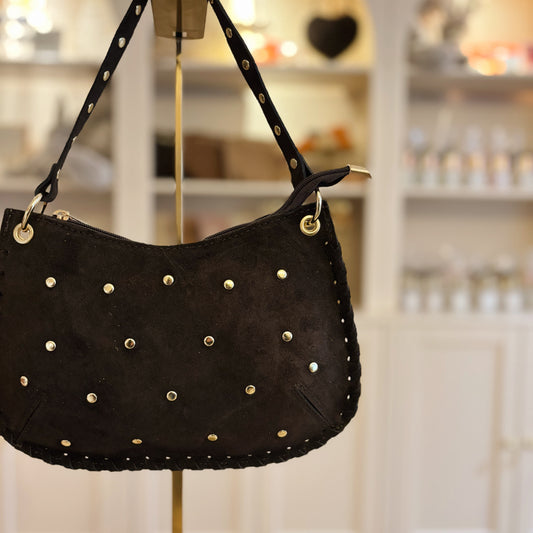 Donkerbruine suède handtas met studs