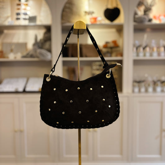 Donkerbruine suède handtas met studs