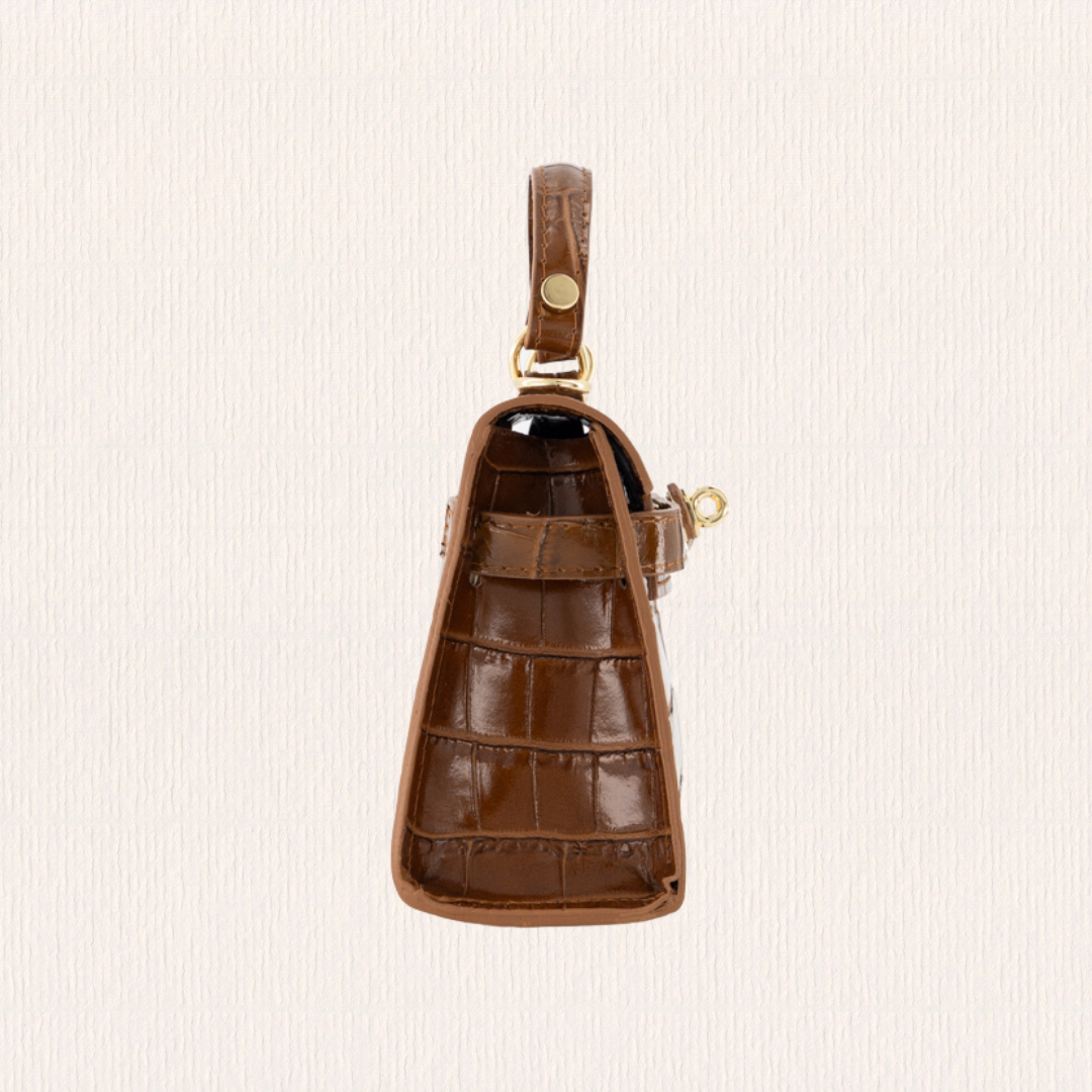 Leren handtas met croco lakaccent cognac