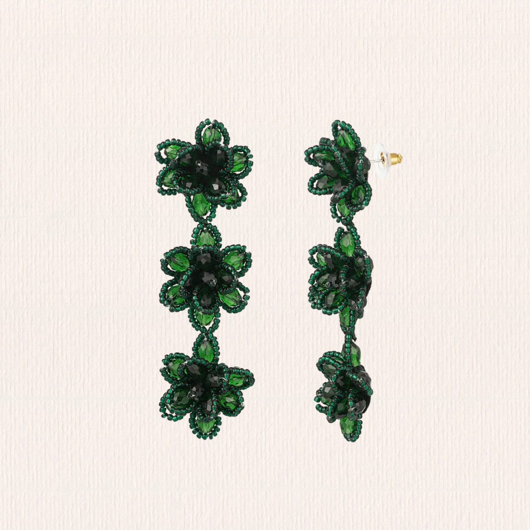 Bloemen oorbellen glitter groen