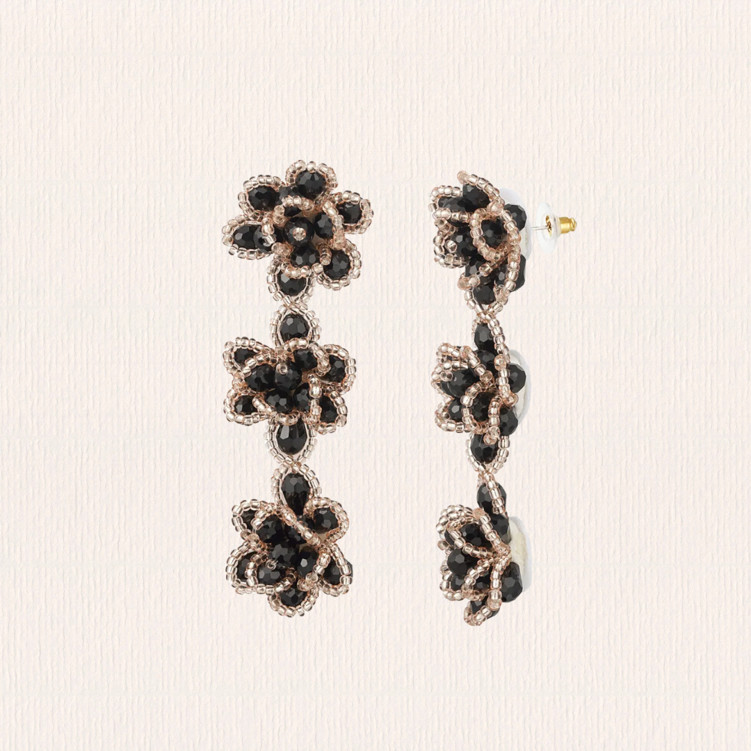 Bloemen oorbellen glitter zwart-goud