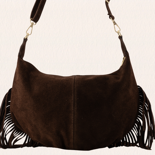 Donkerbruine tas met franjes