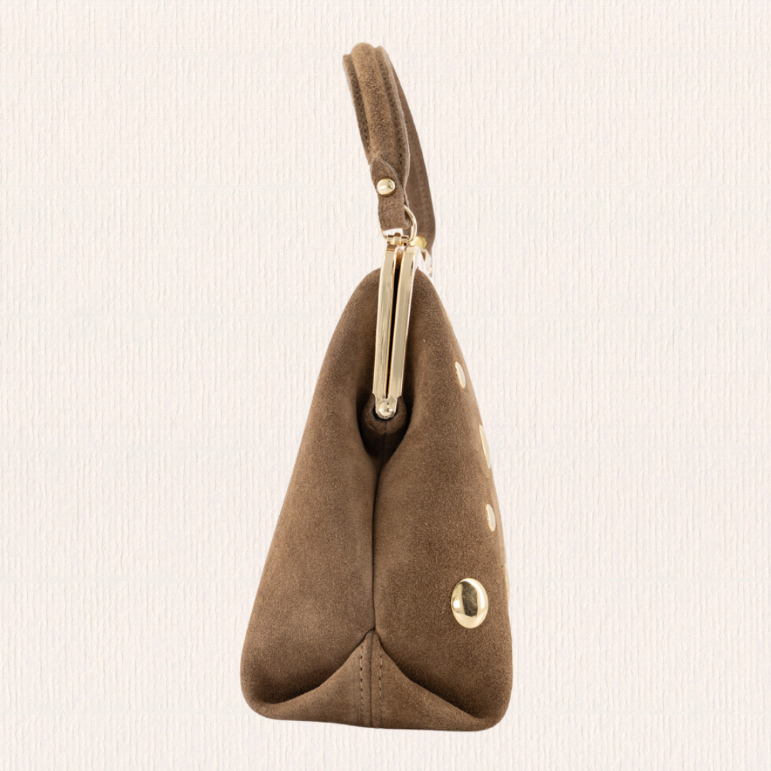 Taupe suede handtas met studs