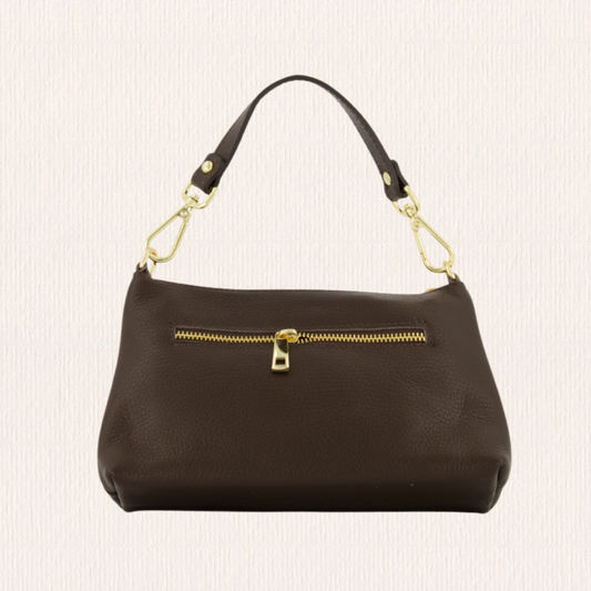 Donkerbruin leren schoudertas met knoopdetail