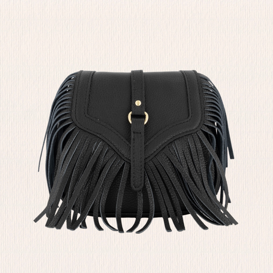Leren crossbodytas met franjes zwart