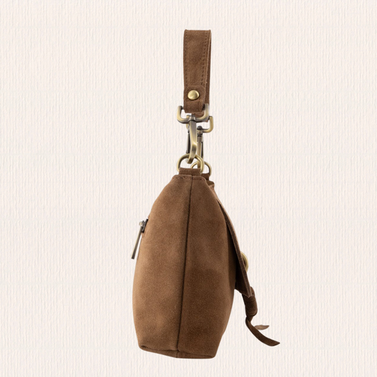 Taupe suede schoudertas met knoopdetail