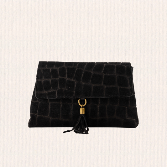 Suéde tasje met crocoprint zwart