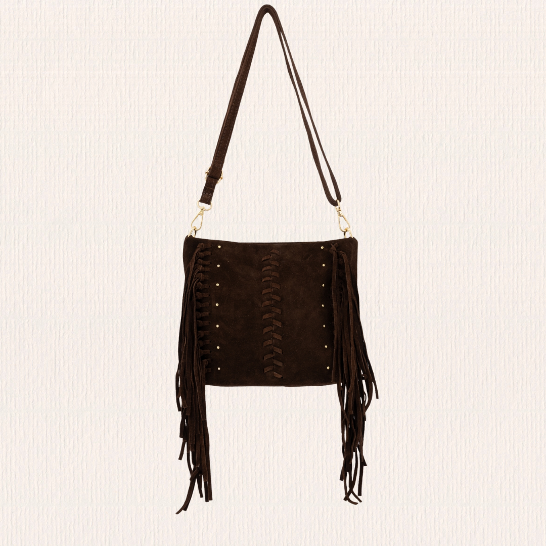 Donkerbruine schoudertas met franjes en studs
