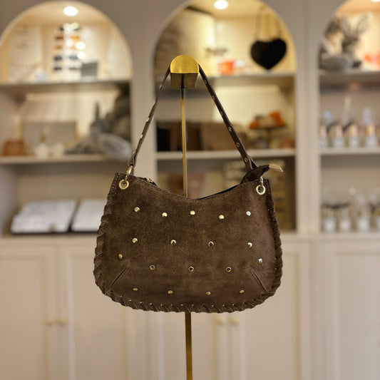 Taupe suède handtas met studs