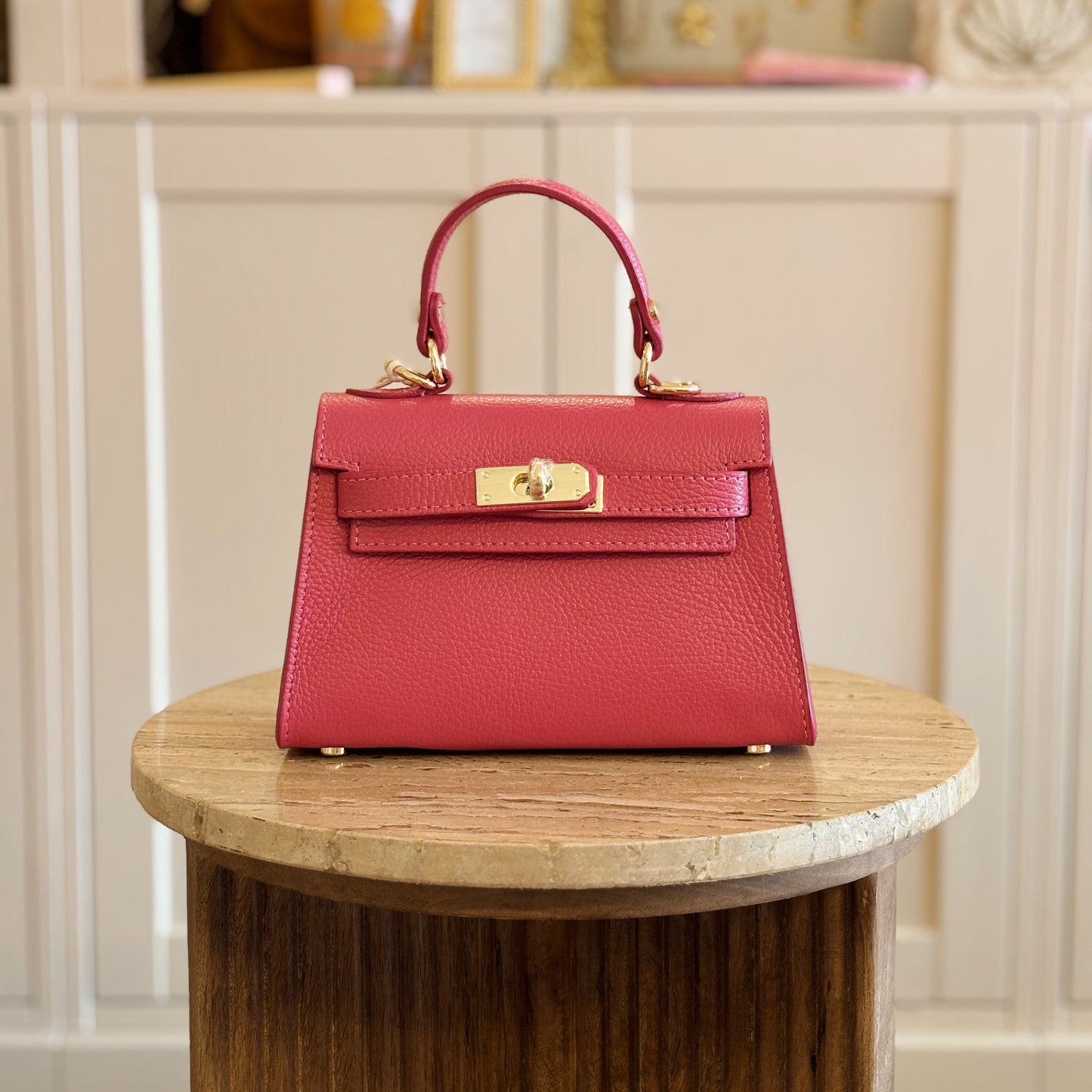Leren handtas met gouden slotje roze