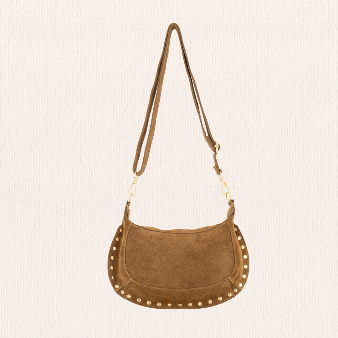 Suéde schoudertas met studs camel