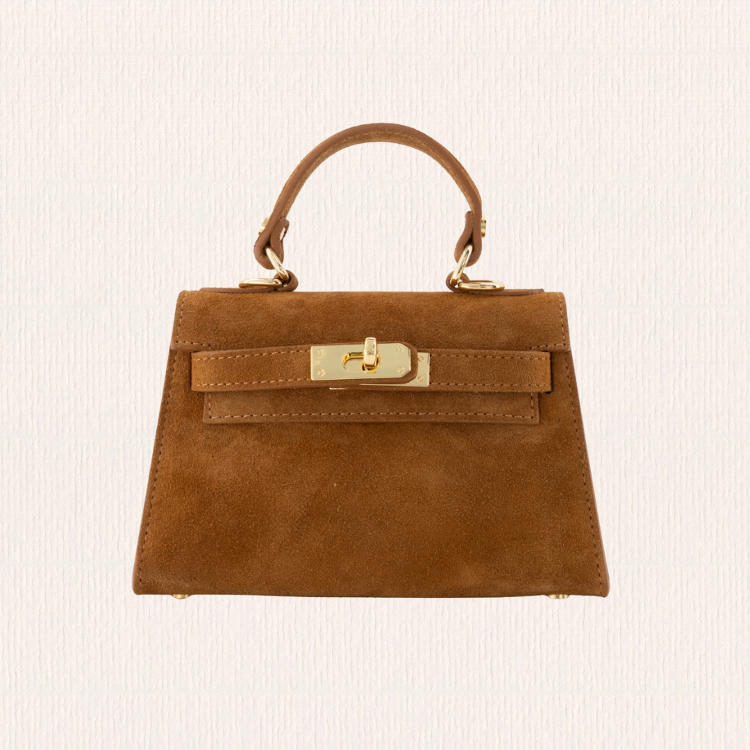 Leren handtas met gouden slotje cognac