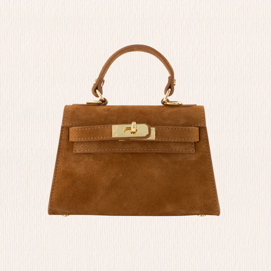 Leren handtas met gouden slotje cognac