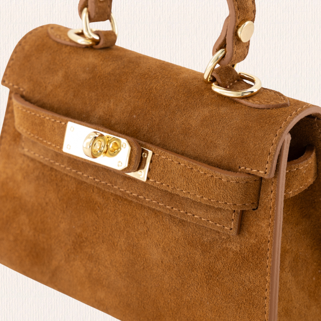 Leren handtas met gouden slotje cognac