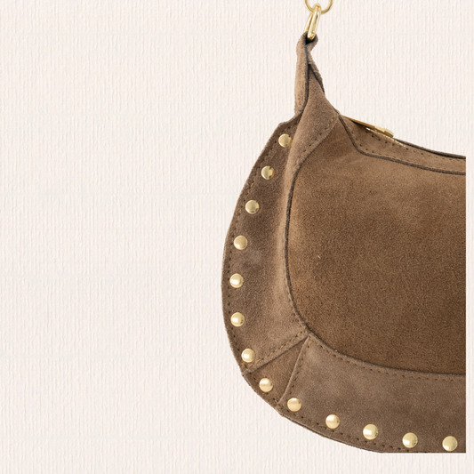 Suéde schoudertas met studs taupe