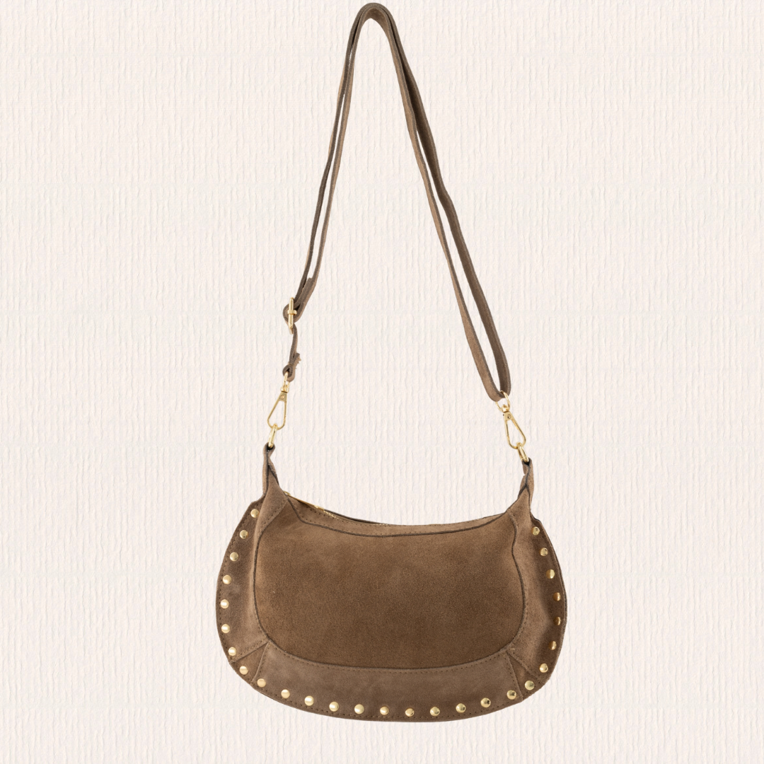 Suéde schoudertas met studs taupe