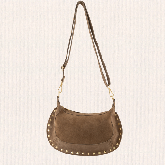 Suéde schoudertas met studs taupe