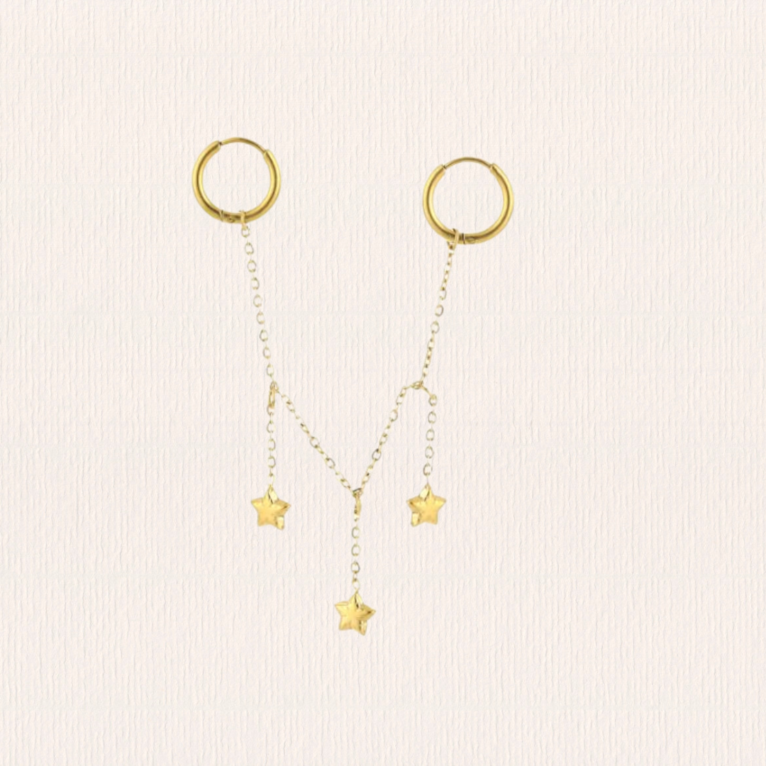Dubbele oorbellen met ketting en sterren