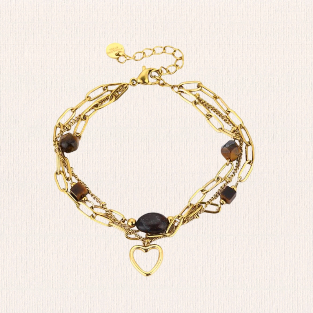 Dubbele armband met stenen en hartje bruin