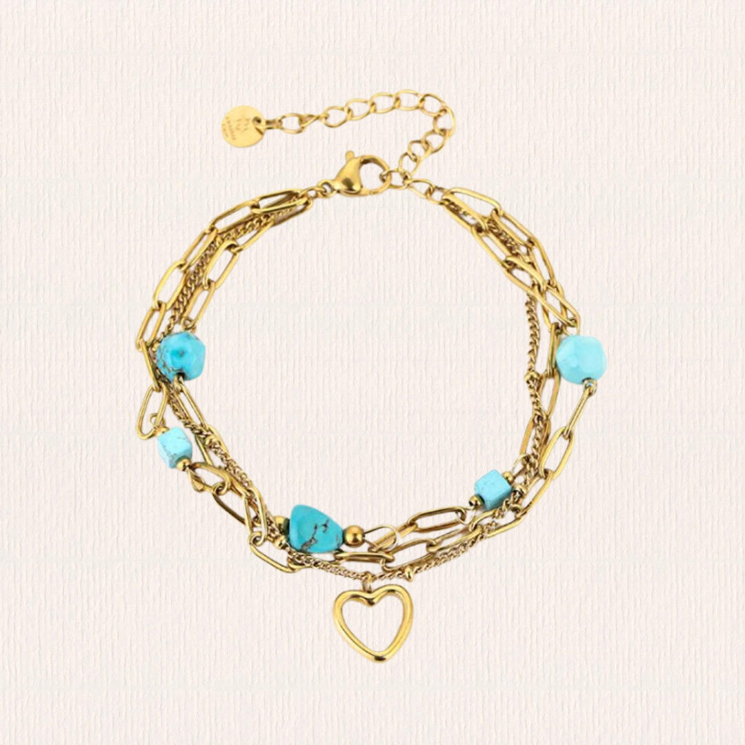 Dubbele armband met stenen en hartje blauw