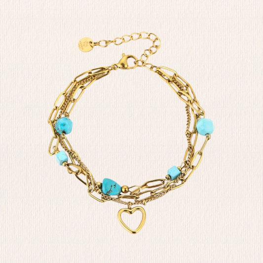 Dubbele armband met stenen en hartje blauw