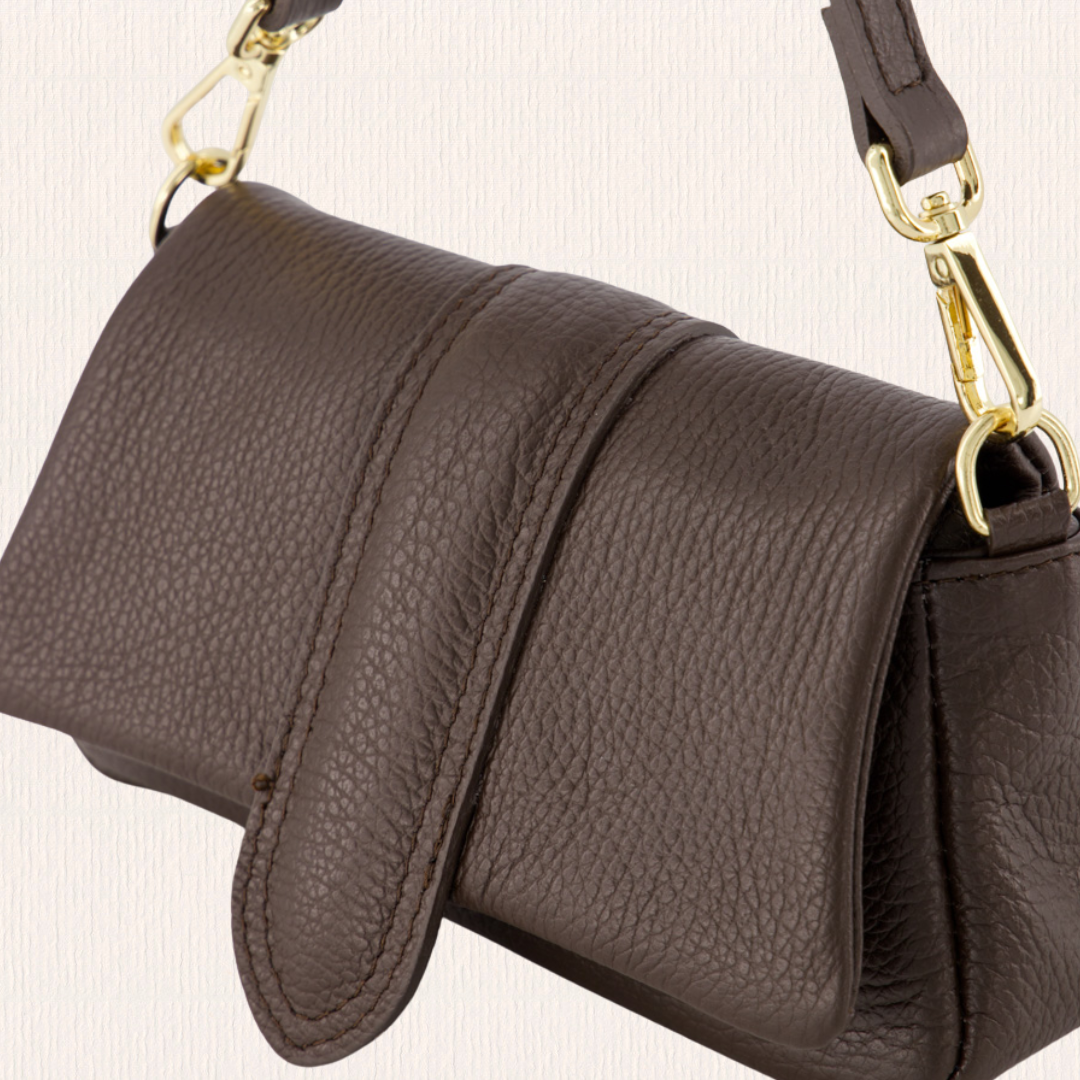 Leren handtasje met puffy look donkerbruin