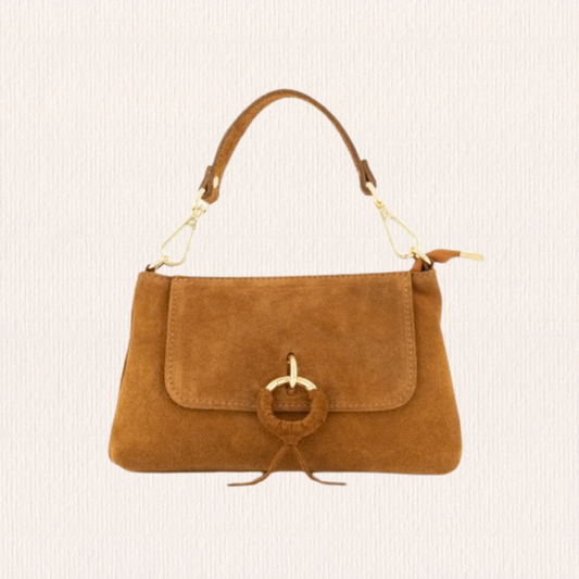 Cognac suéde schoudertas met knoopdetail