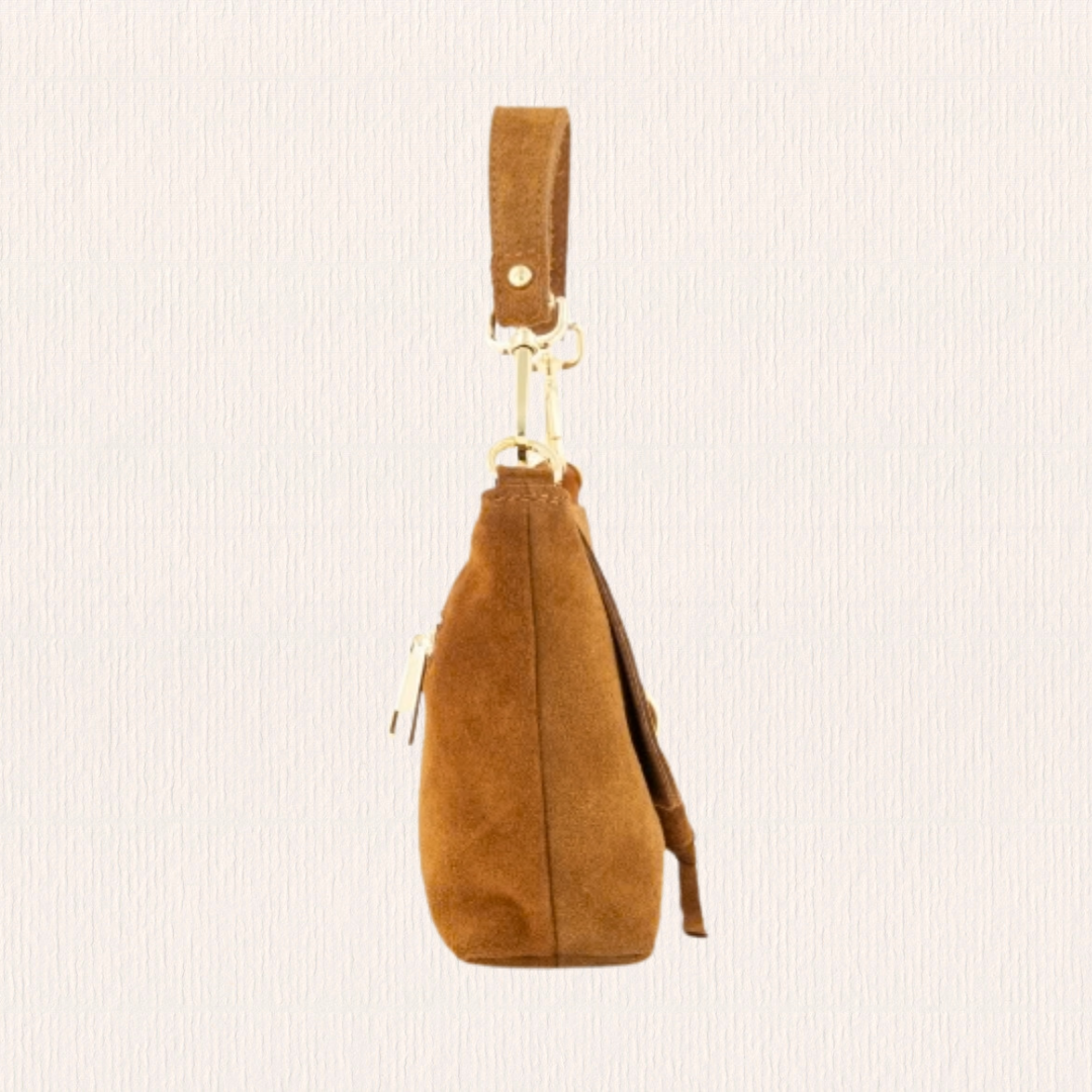 Cognac suéde schoudertas met knoopdetail