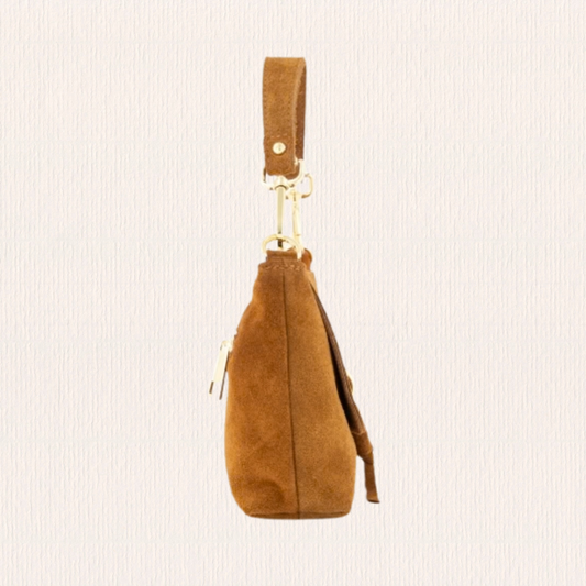 Cognac suéde schoudertas met knoopdetail
