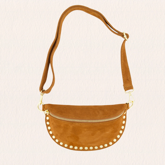 Suède heuptas met studs cognac