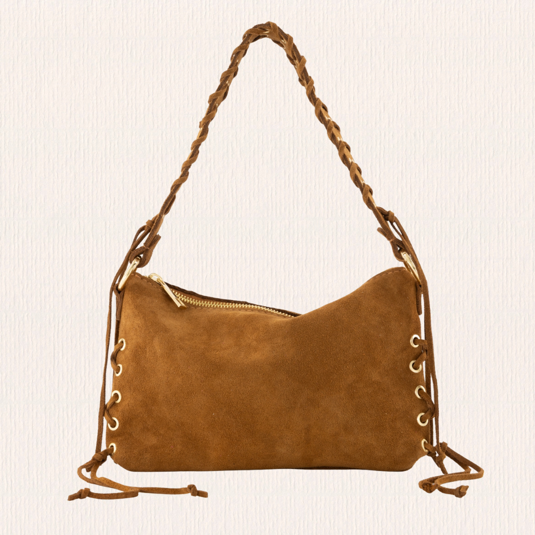 Suede schoudertas met franjes cognac
