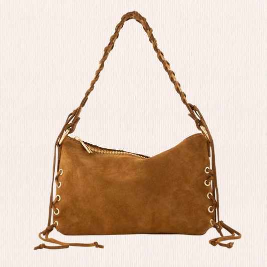 Suede schoudertas met franjes cognac