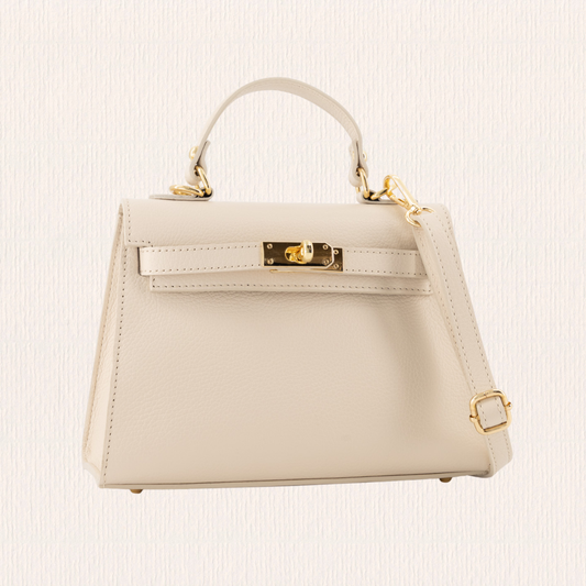 Leren handtas met gouden slotje ecru