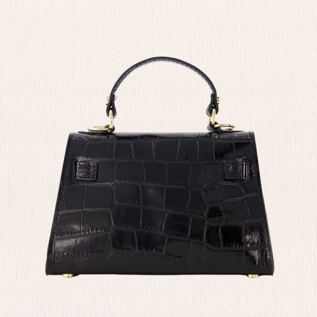 Leren handtas met croco lakaccent zwart