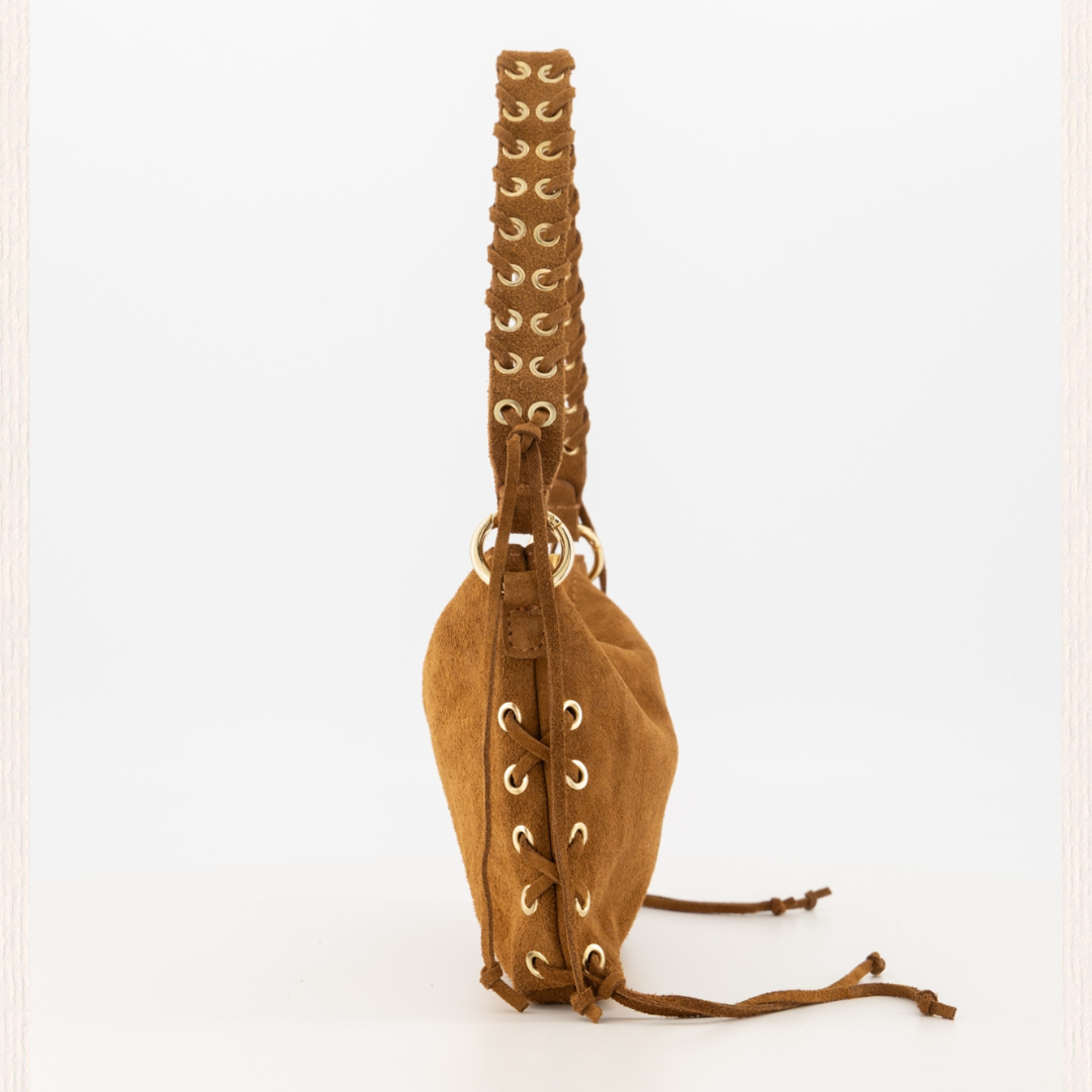 Suede schoudertas met franjes cognac