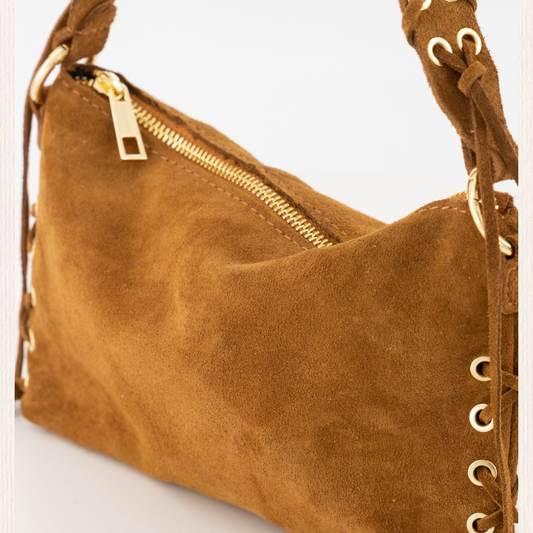 Suede schoudertas met franjes cognac