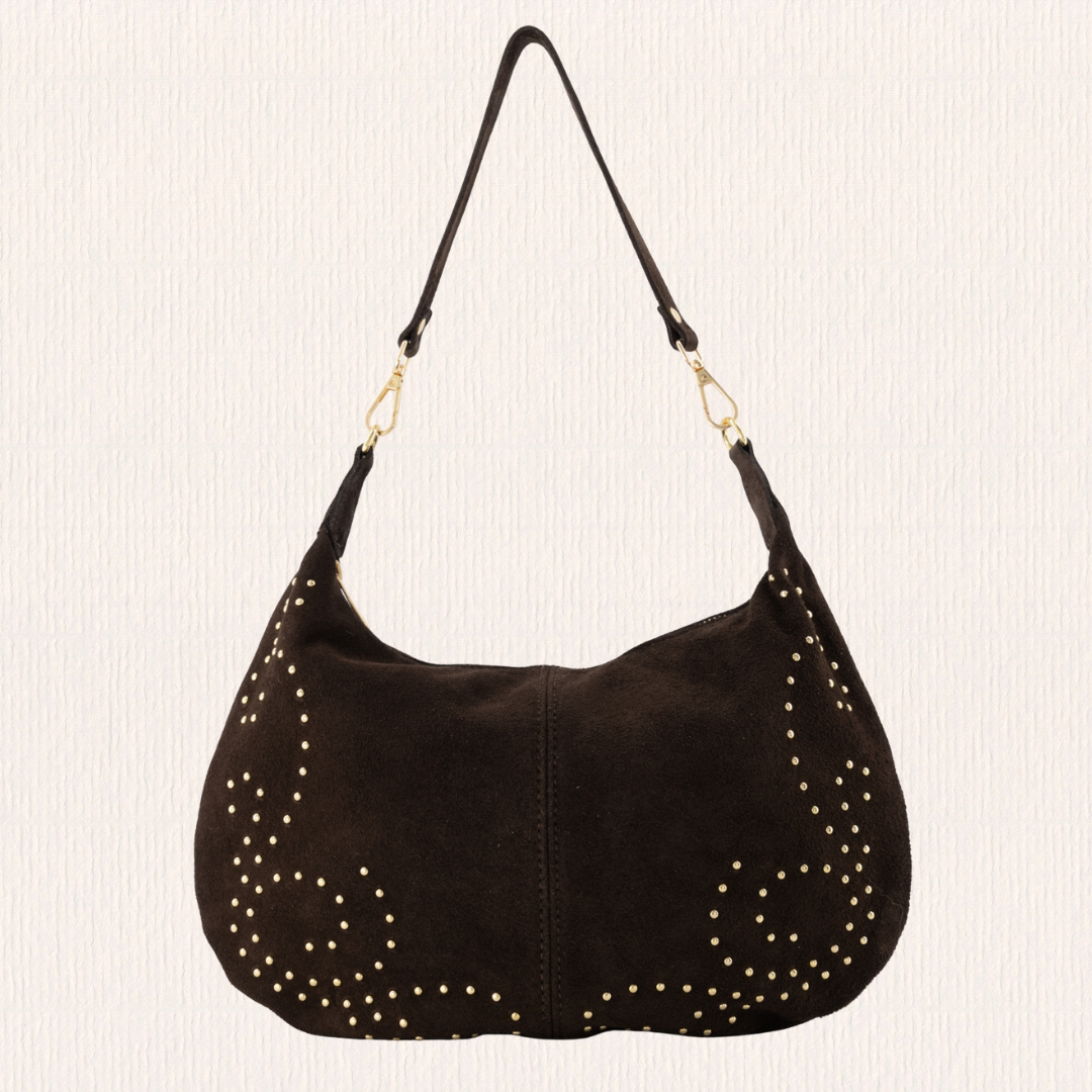 Schouder- en crossbodytas met studs donkerbruin