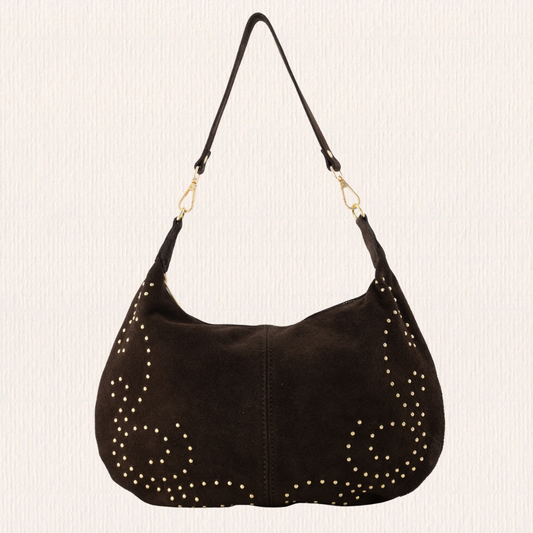 Scouder- en crossbodytas met studs donkerbruin