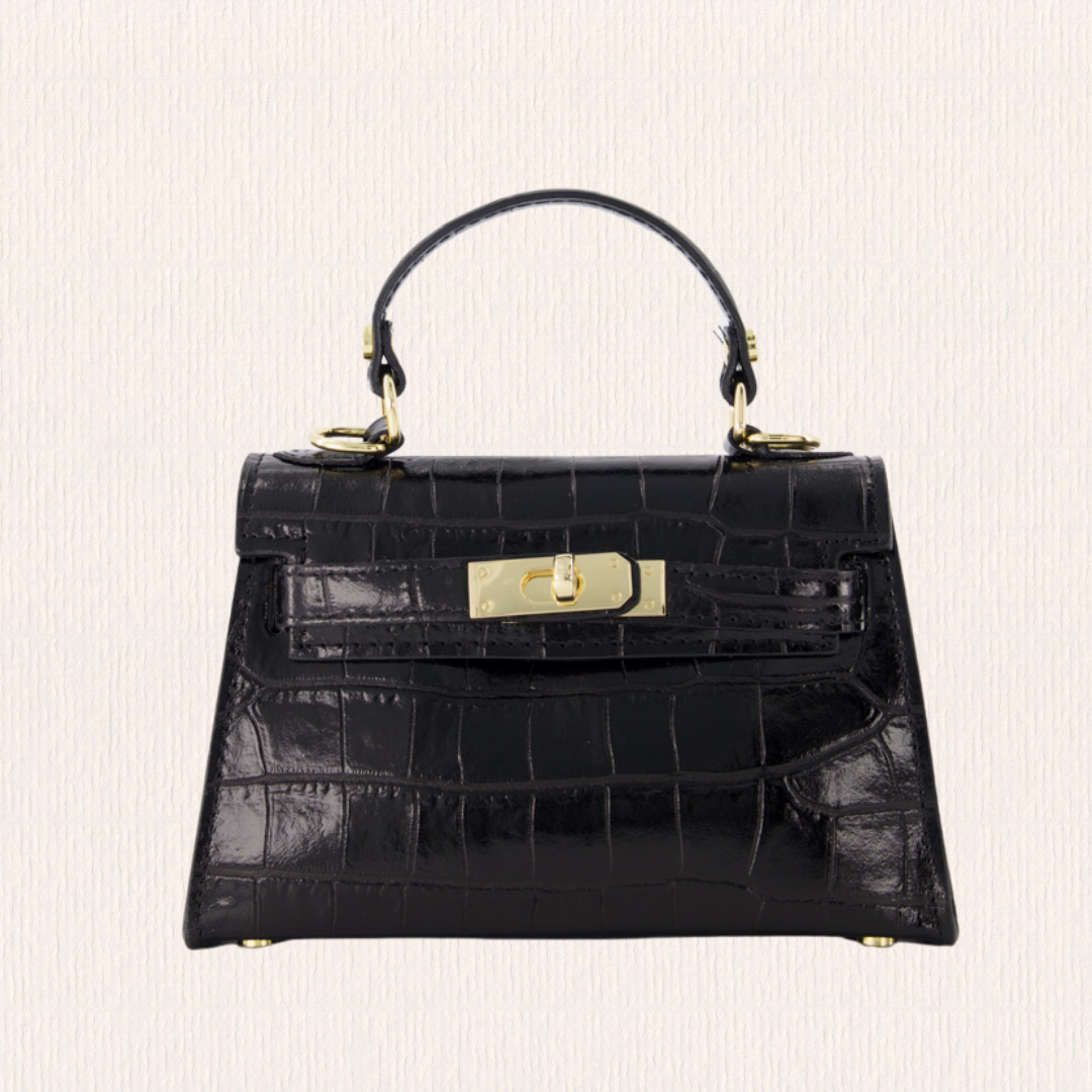 Leren handtas met croco lakaccent zwart