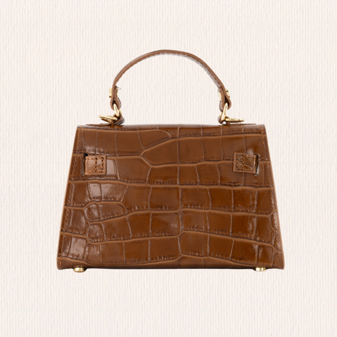 Leren handtas met croco lakaccent cognac