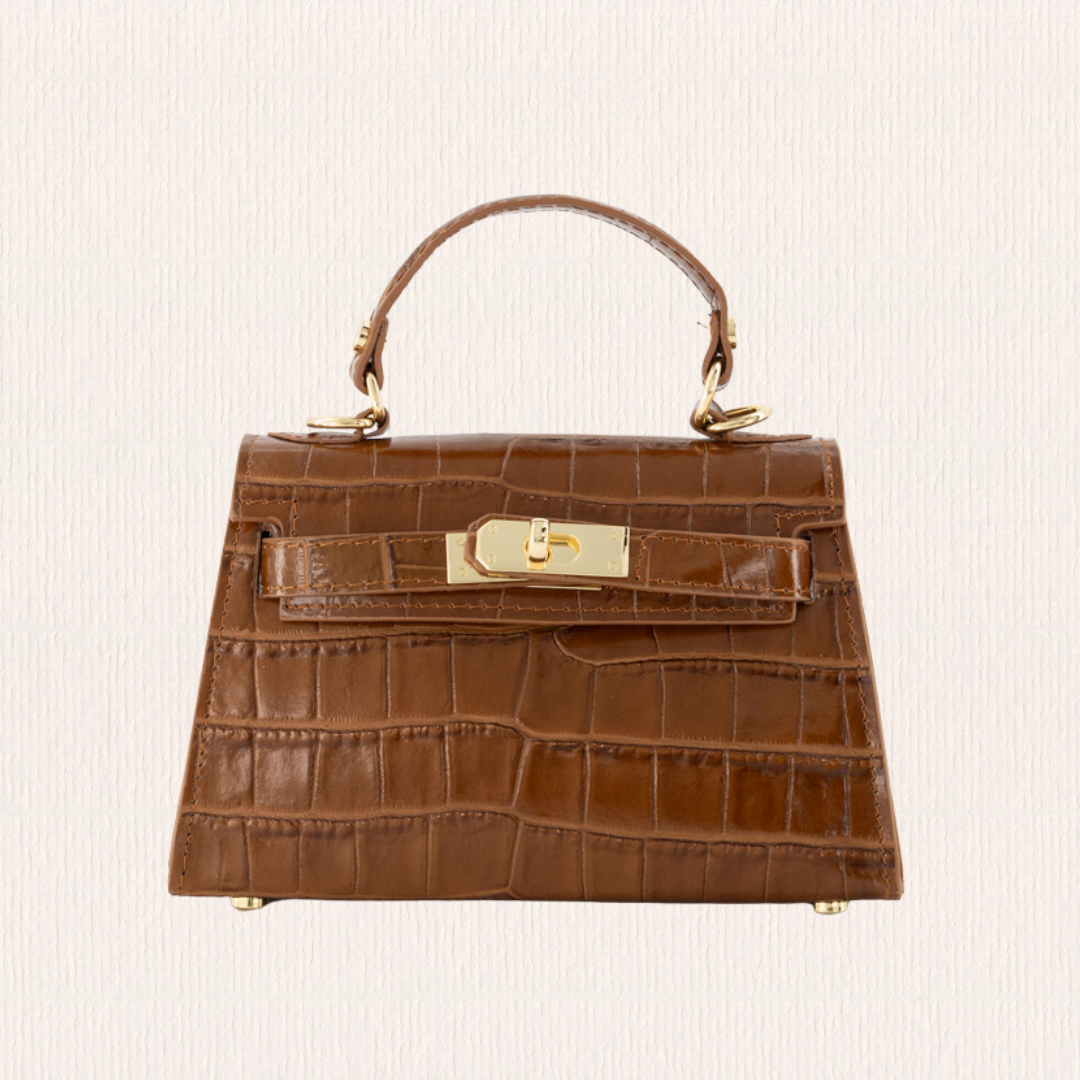 Leren handtas met croco lakaccent cognac