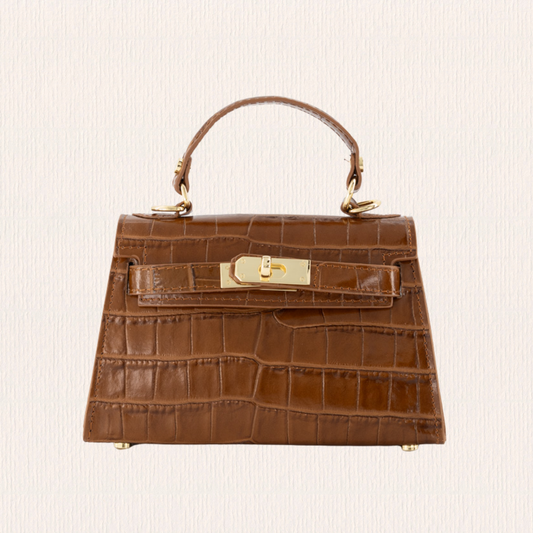 Leren handtas met croco lakaccent cognac