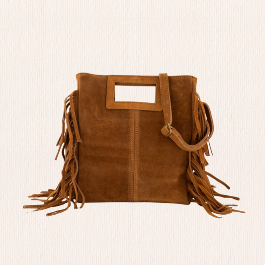 Suéde leren handtas met franjes cognac