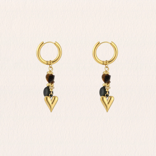 Lange hartjes natuursteenoorbellen - zwart