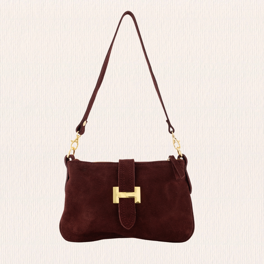 Suéde handtasje met gouden detail bordeaux