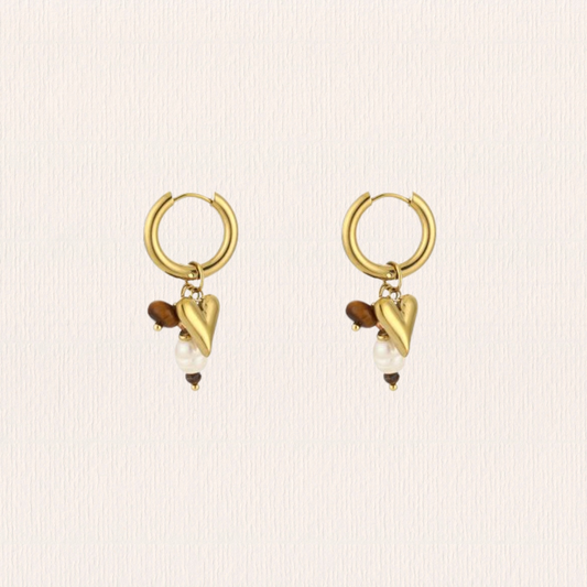 Parel natuursteenoorbellen hartjes - bruin