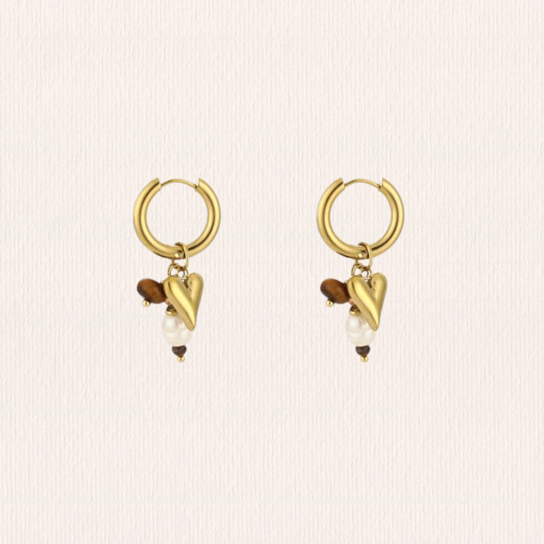 Parel natuursteenoorbellen hartjes - bruin