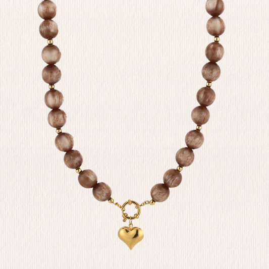 Ronde kraal hartjesketting bruin