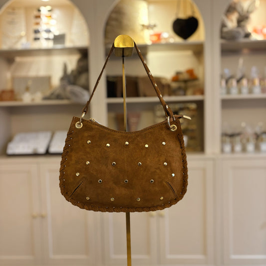 Cognac suède handtas met studs