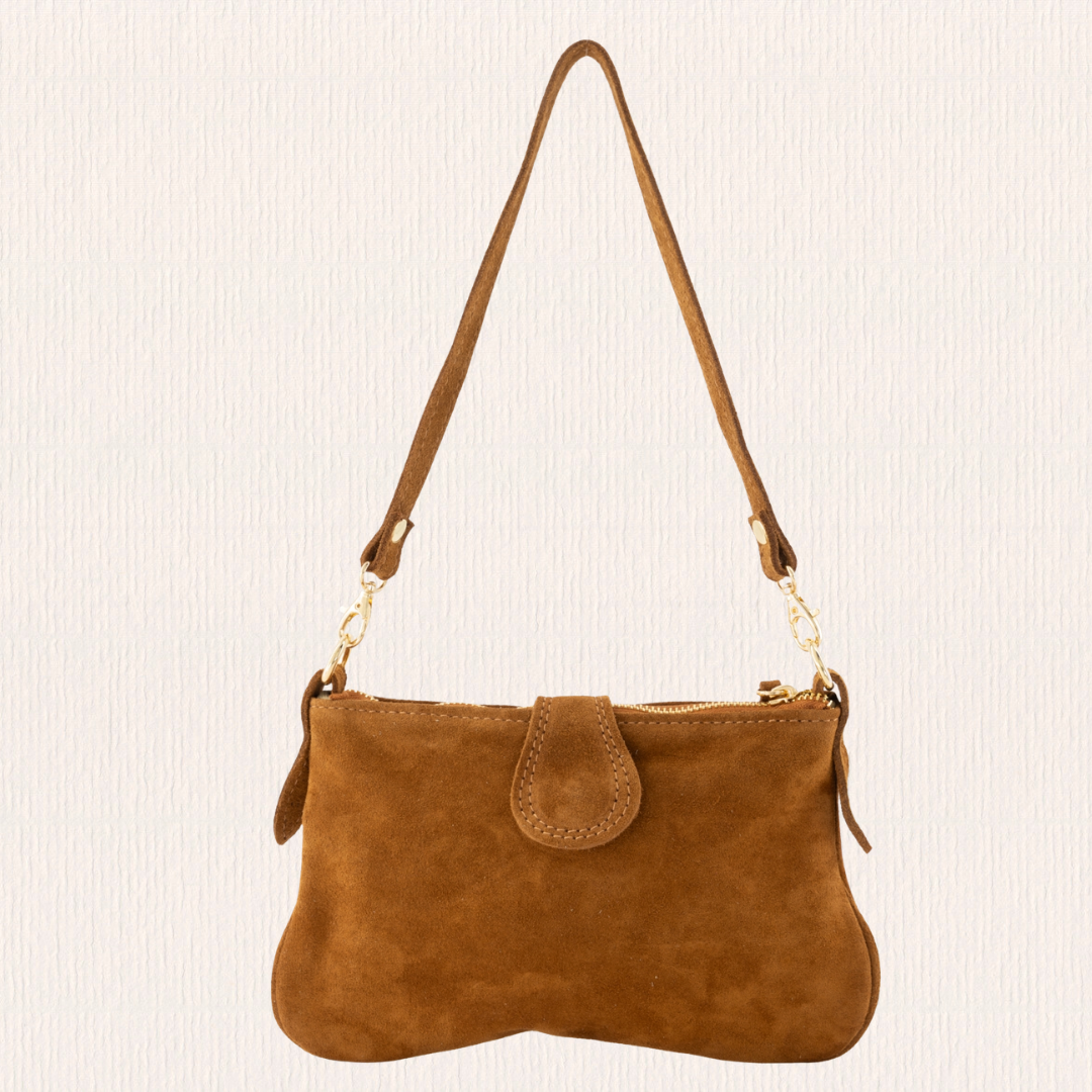 Suéde handtasje met gouden detail cognac